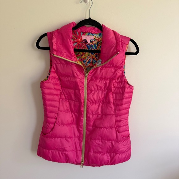 Lilly Pulitzer Jackets & Blazers - Lilly Pulitzer Pink Puffer Vest Floral Lining Gold Zip Womens Small Puffy Gilet